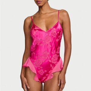 NWT VS Archives Burnout Floral Satin Teddy in Forever Pink